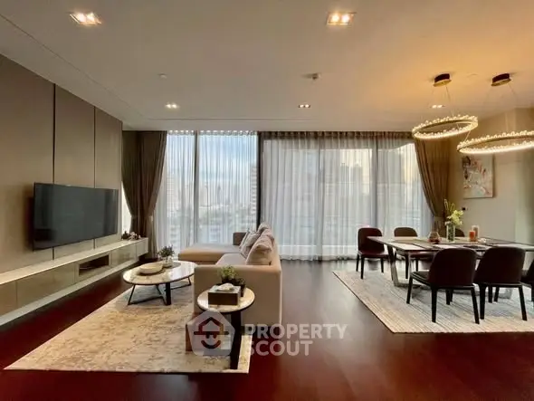 Luxurious modern living room with elegant dining area and panoramic city views.