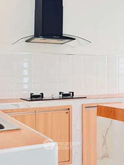 Modern kitchen with sleek gas stove and elegant wooden cabinetry
