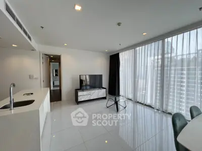 Modern living room with sleek design and large windows offering city views