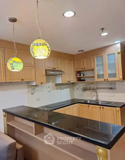 Charming kitchen with wooden cabinets and stylish pendant lights, featuring a sleek black countertop and modern appliances.