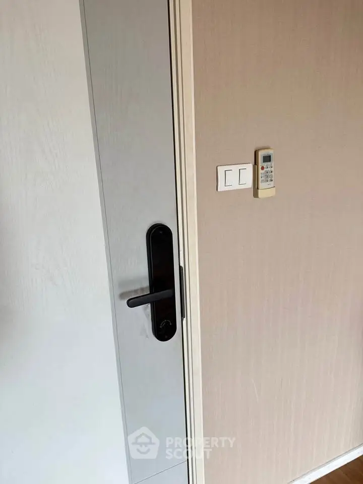 Modern interior door with sleek handle and wall-mounted remote control in a stylish apartment.