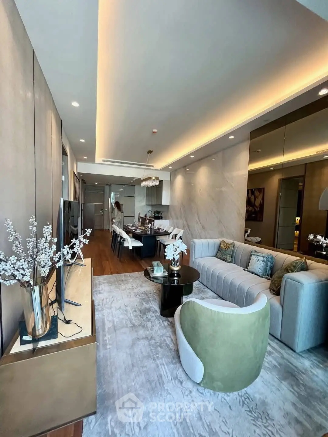 Luxurious modern living room with elegant decor and open layout