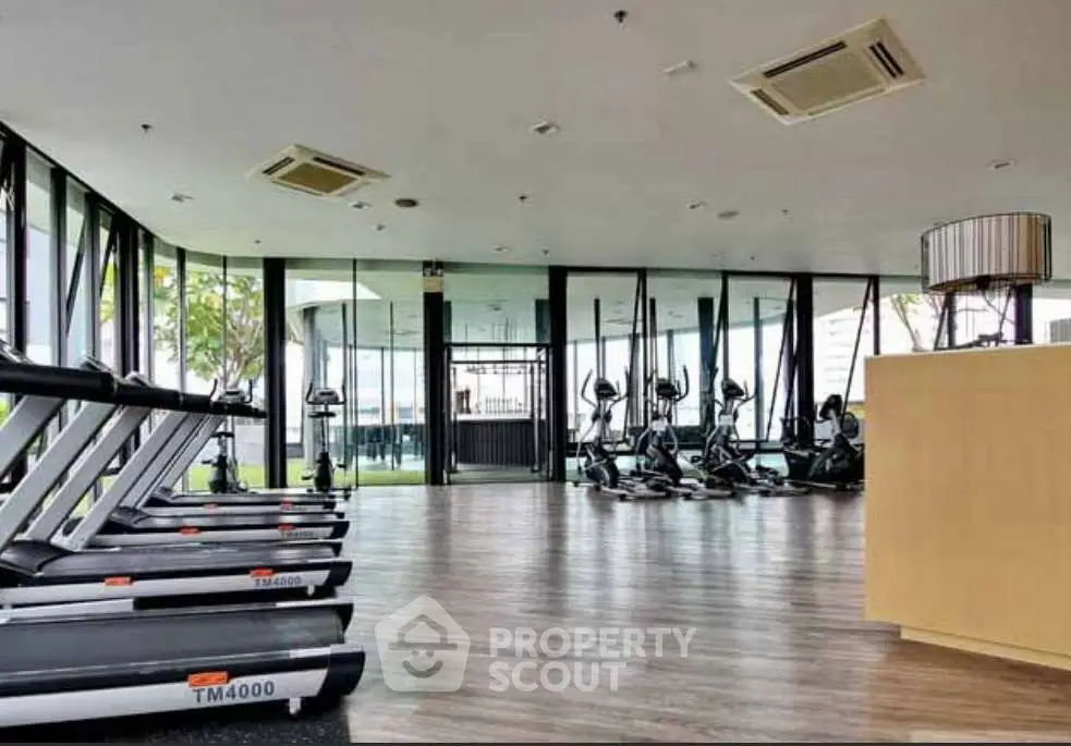 Modern gym with treadmills and elliptical machines in a bright, spacious room.