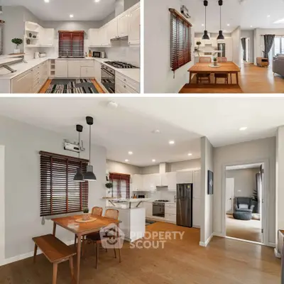 Spacious open-layout kitchen and dining area with modern appliances and stylish decor.