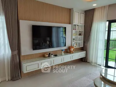 Elegant living room with modern TV setup and garden view