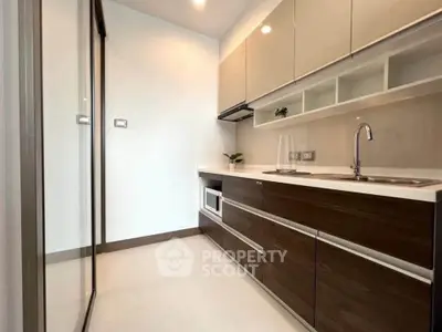 Modern kitchen with sleek cabinetry and built-in appliances in a stylish apartment.
