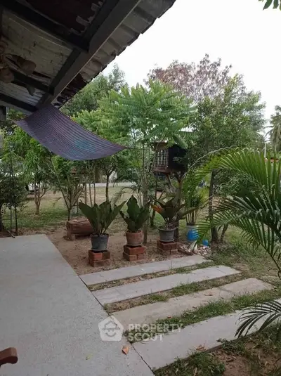 Charming garden view with lush greenery and cozy outdoor seating area.