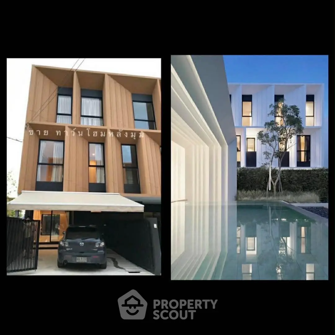 Modern townhouse exterior with sleek design and poolside view, showcasing contemporary architecture.