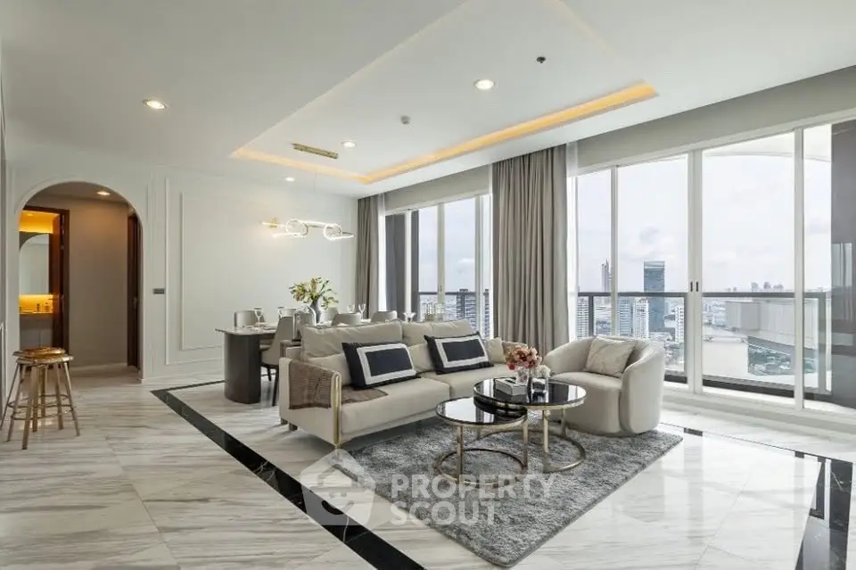 Luxurious modern living room with panoramic city view and elegant decor