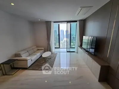 Luxurious modern living room with stunning city view and sleek furnishings