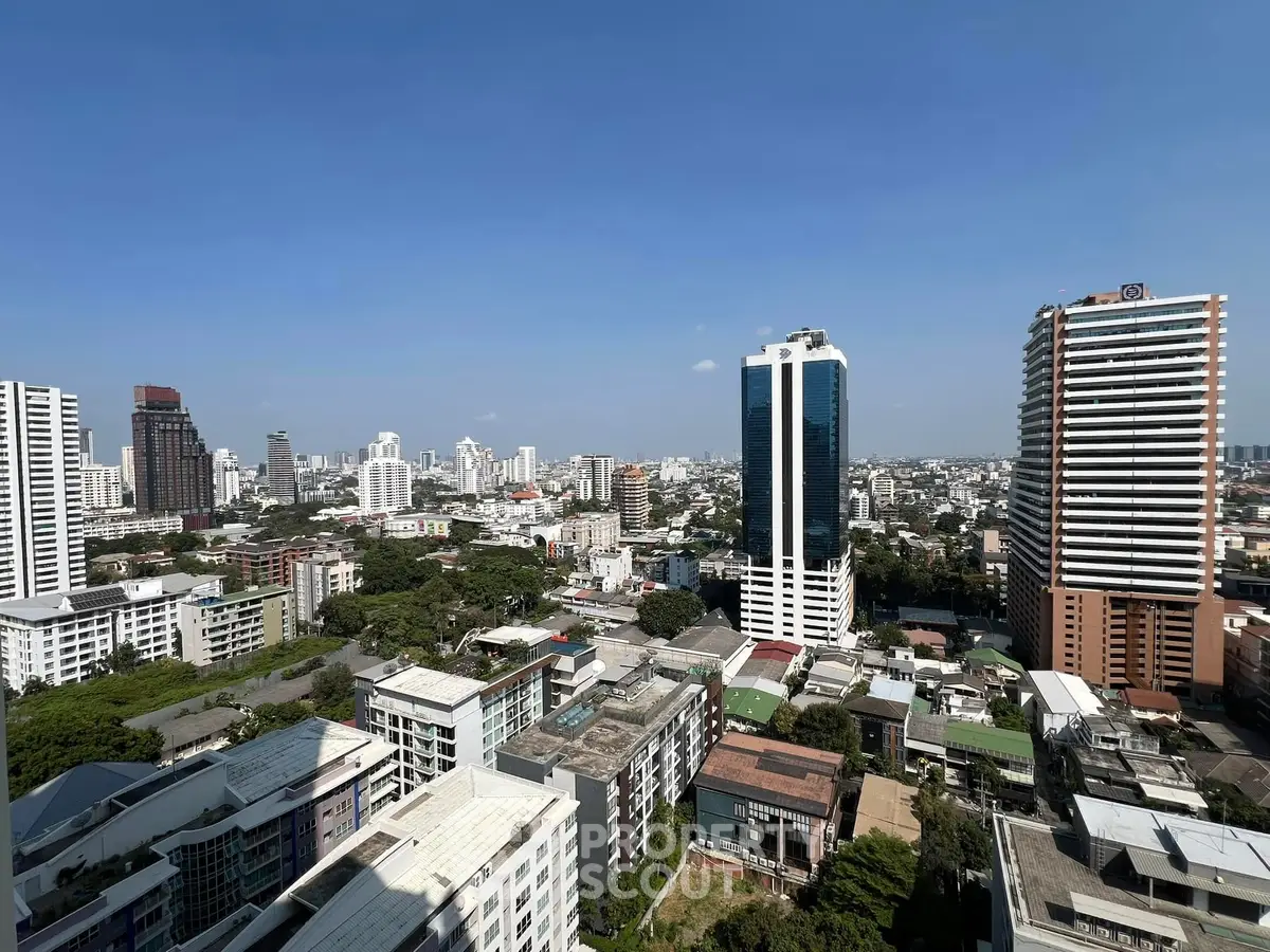 Stunning cityscape view showcasing modern high-rise buildings under a clear blue sky.