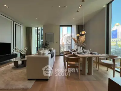 Luxurious modern living room with elegant dining area and stunning city view, featuring floor-to-ceiling windows.
