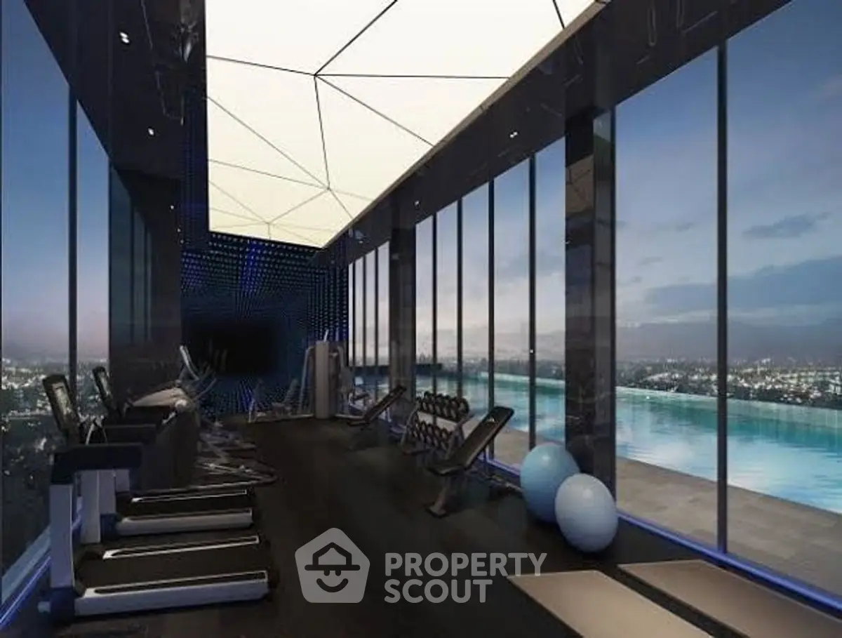 Luxurious gym with panoramic city view and infinity pool access