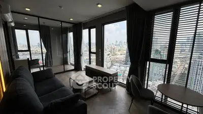 Luxurious corner unit living room with panoramic city views and modern furnishings.
