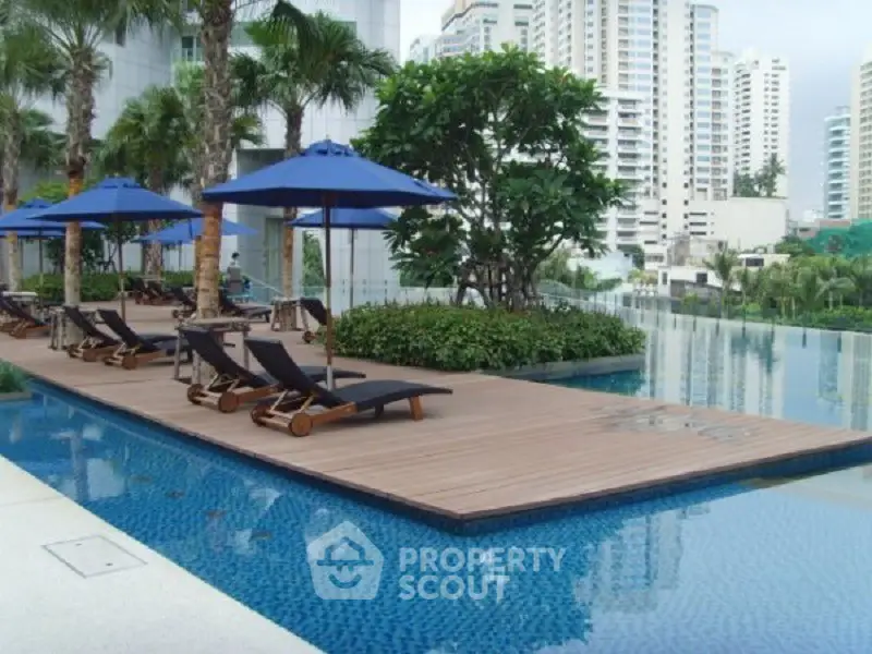 Luxurious rooftop pool with city views and elegant lounge chairs in a modern urban setting.