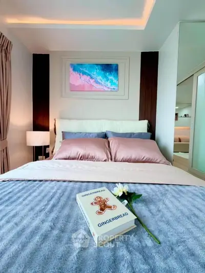Luxurious bedroom with elegant decor and cozy bedding, perfect for relaxation and comfort.
