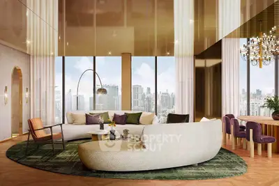Luxurious living room with panoramic city view, elegant furniture, and modern decor.