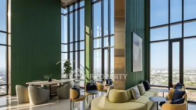 Luxurious modern living room with panoramic city view and elegant decor