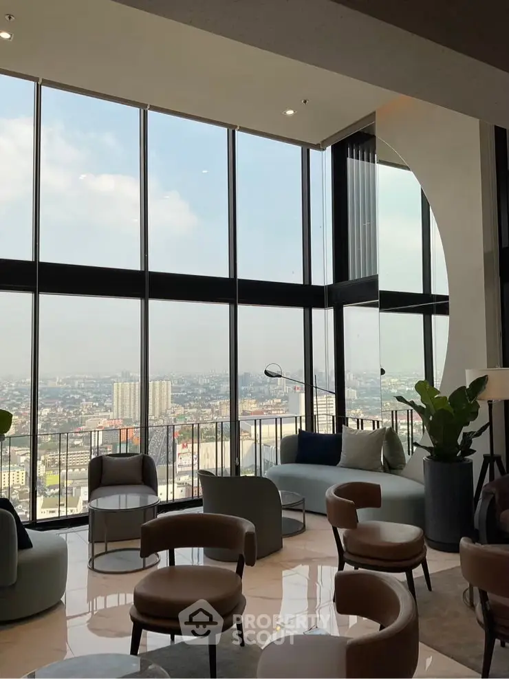Luxurious high-rise lounge with panoramic city views and modern seating.