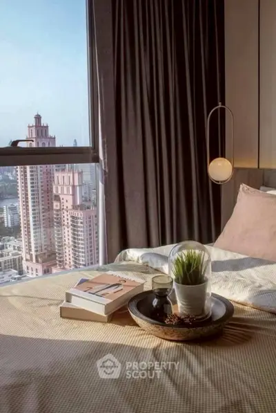 Luxurious bedroom with stunning city view and elegant decor