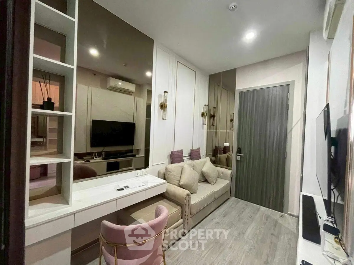Modern living room with stylish decor and cozy seating area