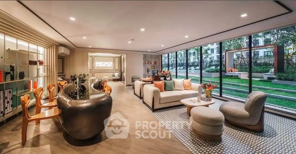 Luxurious modern living room with garden view and elegant furnishings