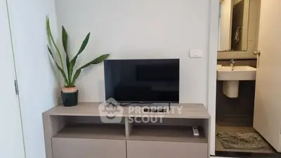 Modern living room with sleek TV stand and potted plant, adjacent to a bathroom.