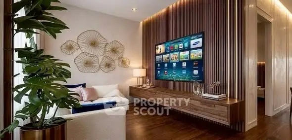 Modern living room with stylish decor and large wall-mounted TV, featuring elegant wood paneling and cozy seating.