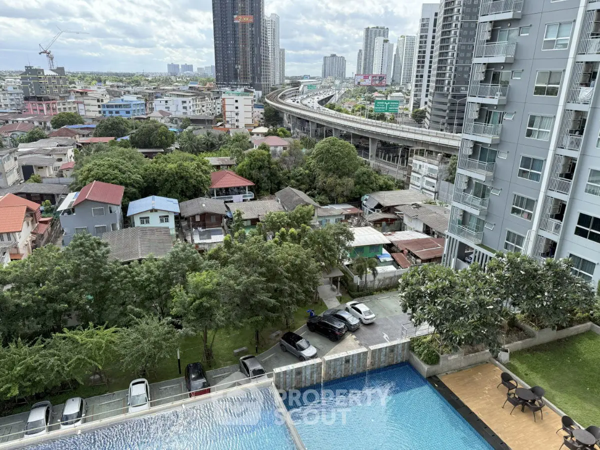 Stunning urban view from high-rise building with pool and cityscape