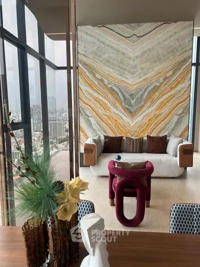 Luxurious living room with stunning city view and modern decor