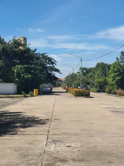 Serene residential street with lush greenery and parked cars under clear blue sky.
