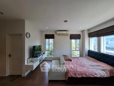 Spacious bedroom with modern decor and natural light