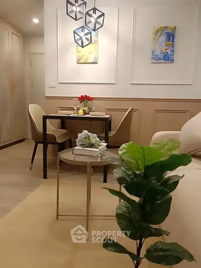 Stylish living room with modern decor and elegant dining area, perfect for urban living.