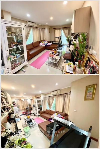 Spacious living room with modern decor and exercise equipment