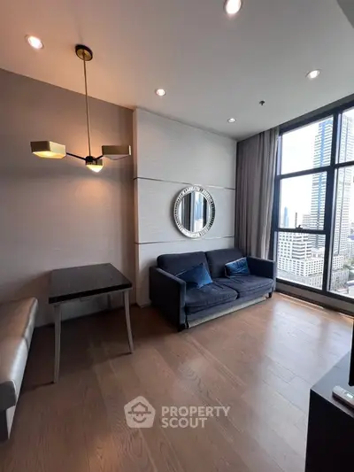 Modern living room with stylish decor and city view