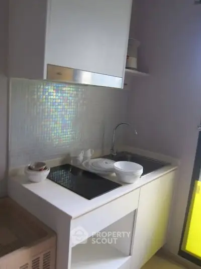 Compact modern kitchen with sleek white cabinetry and electric cooktop, perfect for urban living.