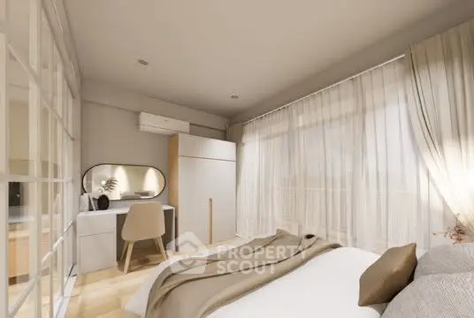 Elegant bedroom with modern decor and natural light, featuring a cozy bed and stylish furniture.