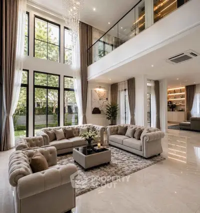 Luxurious double-height living room with elegant sofas and floor-to-ceiling windows.