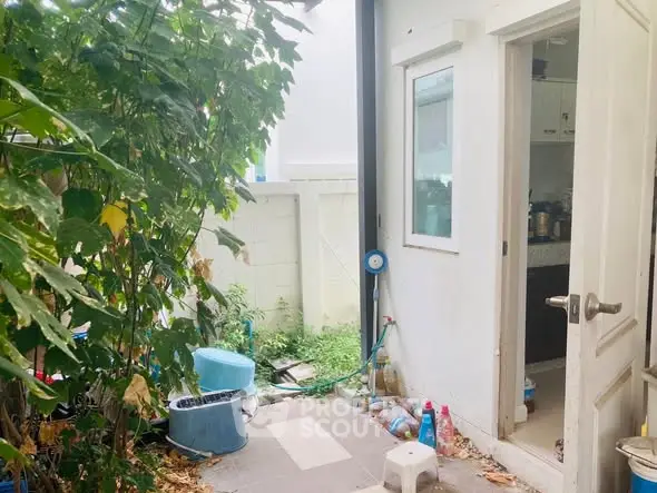 Charming garden entrance with lush greenery leading to a cozy kitchen space.