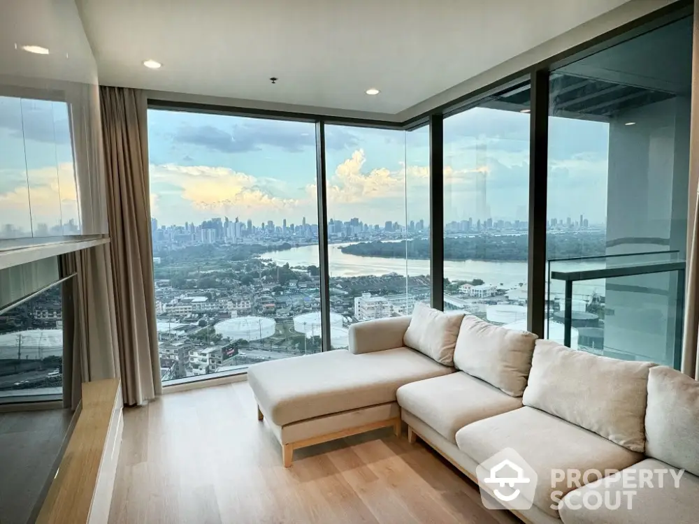 Luxurious living room with panoramic city view and modern furnishings