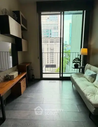 Modern living room with city view and stylish decor