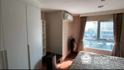 Modern bedroom with city view and air conditioning in high-rise apartment