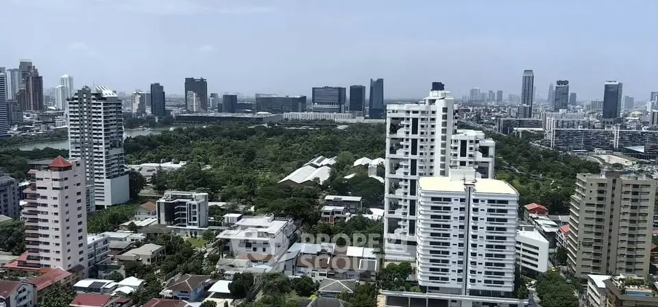 Stunning cityscape view with modern high-rise buildings and lush greenery, perfect for urban living enthusiasts.
