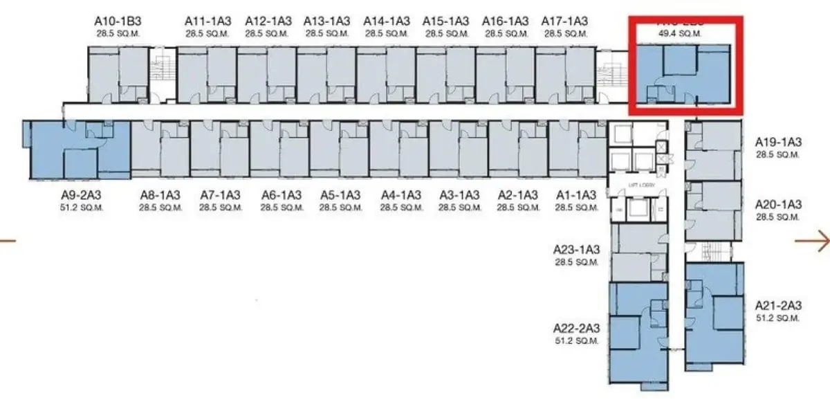 Detailed floor plan of a modern apartment complex highlighting unit layout and dimensions.