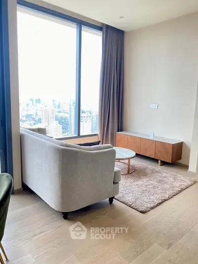 Modern living room with panoramic city view and elegant furniture