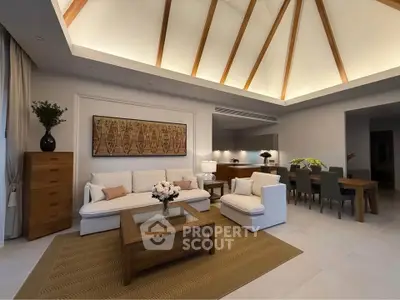 Luxurious living room with high ceiling and elegant wooden beams, featuring modern furniture and stylish decor.