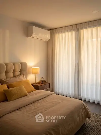 Cozy bedroom with soft lighting, plush bedding, and elegant curtains, perfect for relaxation.