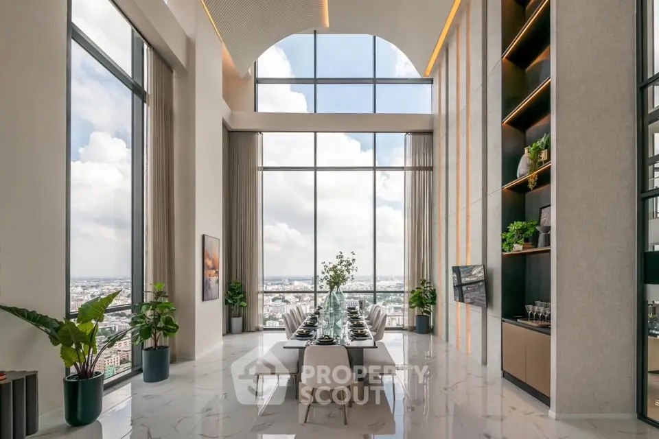 Luxurious high-rise dining room with floor-to-ceiling windows and stunning city views.