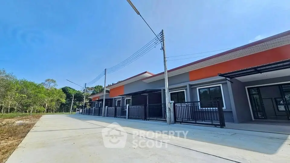 Modern row of newly built single-story homes with vibrant facades and spacious driveways.