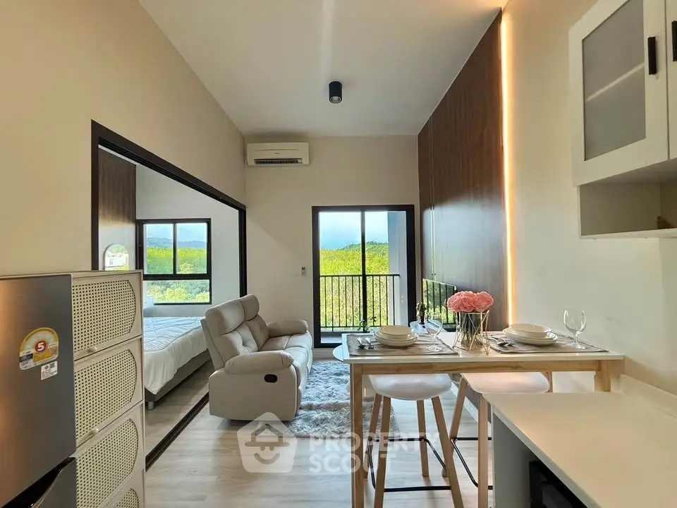 Modern open-plan living room with scenic view and stylish decor